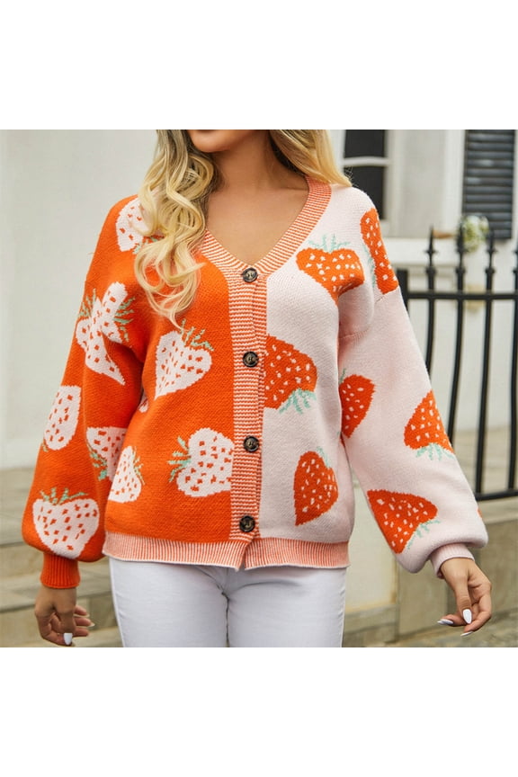 Cardigan Sweater Women Loose Button V-Neck Sweaters Long Sleeve Printed Casual Sweatertop Orange Size M