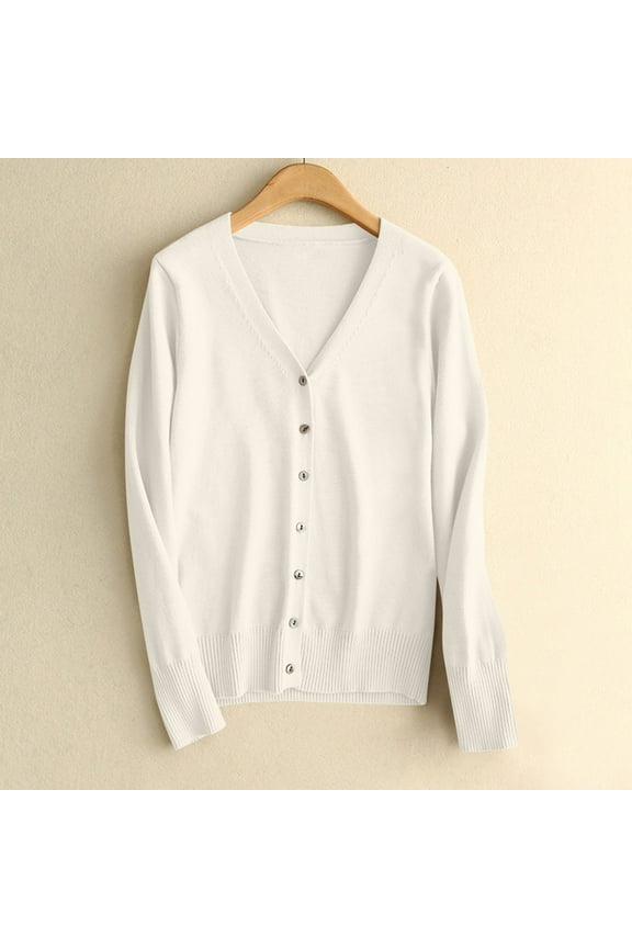 Cardigan Sweater Women Loose Button V-Neck Sweaters Long Sleeve Sweatertop Beige Size 2XL