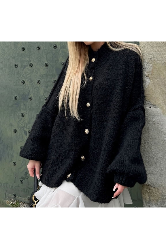 Cardigan Sweater Women Loose Button V-Neck Sweaters Long Sleeve Sweatertop Black Size M