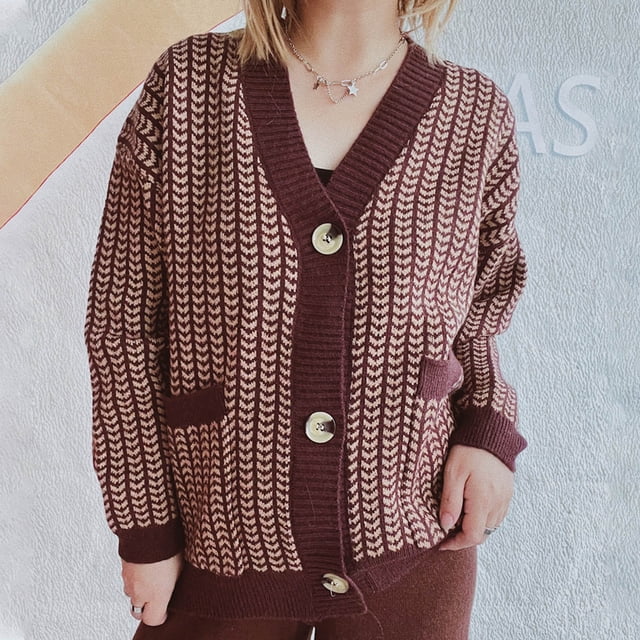 Itsame Cardigan Sweater Women Loose Button V-Neck Sweaters Long Sleeve Sweatertop Brown Size M