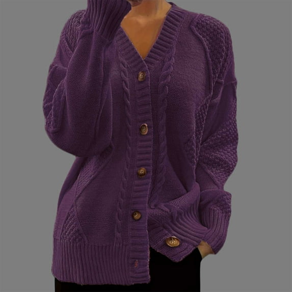 Itsame Cardigan Sweater for Womens Knitted V-Neck Sweatershirt Long Sleeves New Solid Color Sweatshirts Purple Size M