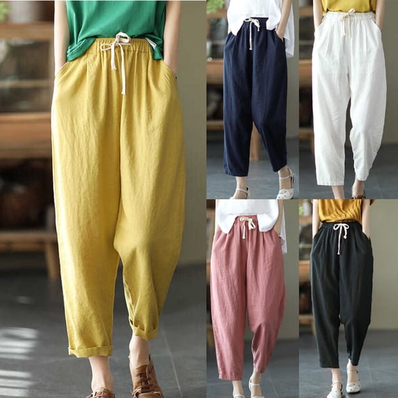 Itsame Comfortable Loose Pants for Womens Pocket Fashionable Cotton High Waisted Wide Leg Sweatpants Navy Size M