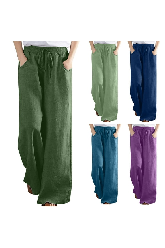 Comfortable Loose Pants for Womens Solid Color Tight Cotton High Waisted Wide Leg Sweatpants Blue Size M