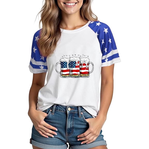 Itsame Fourth of July Short T-Shirt Sleeve Womens American Independence Day Printed Short Top Fashionable Round Neck Blouses Blue Size L