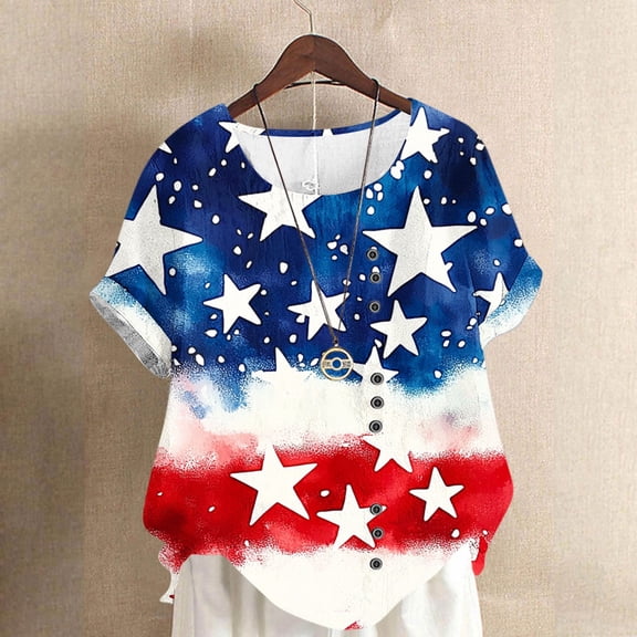 Itsame Fourth of July Short T-Shirt Sleeve Womens American Independence Day Printed Short Top Fashionable Round Neck Button Cotton Blouses Red Size S