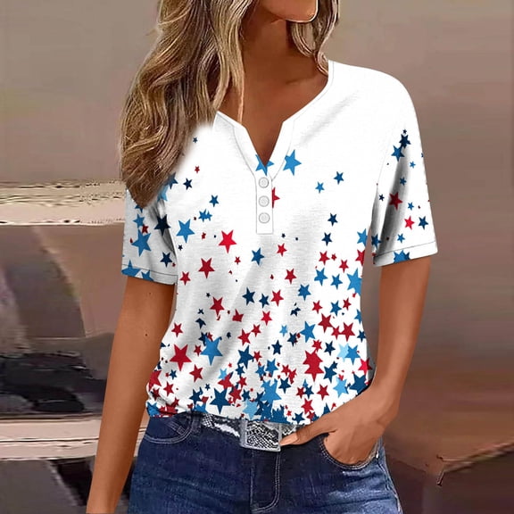 Itsame Fourth of July Short T-Shirt Sleeve Womens American Independence Day Printed Short Top Fashionable V-neck Button Blouses Blue Size M
