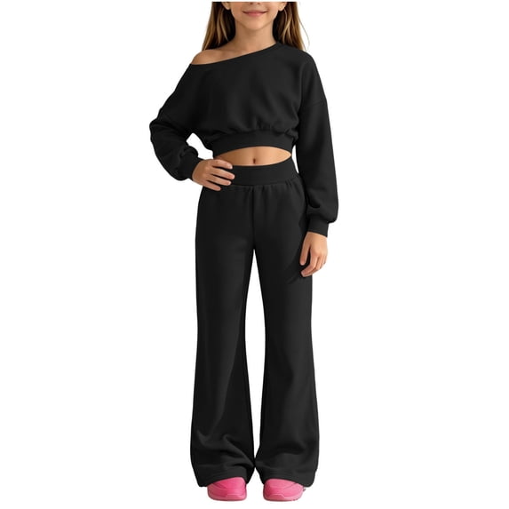Itsame Girls 2-Piece Sweatshirt Set, Crop Relaxed Straight Leg Pants Outfit Casual Sporty Jogger Suit Black Size 6