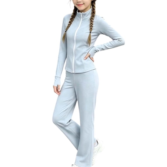 Itsame Girls Yoga Set 2-Piece, Zipper Stand Collar Jacket & Stretchy Pants Athletic Running Outfit Light Blue Size 3T