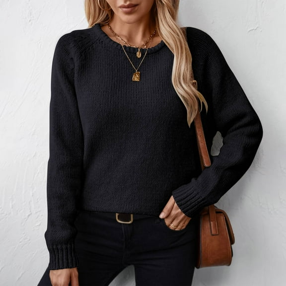 Itsame Knitted Pullover Sweater for Womens Crew Neck Loose Sweatershirt Long Sleeves Solid Color Relaxed Sweatshirts Black Size S