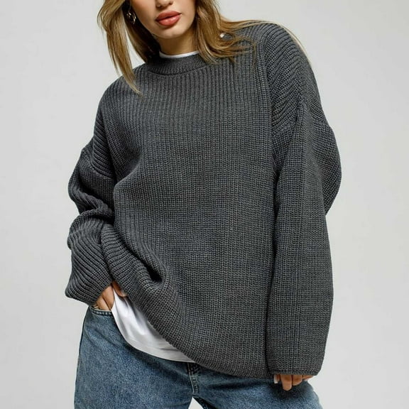 Itsame Knitted Pullover Sweater for Womens Crew Neck Loose Sweatershirt Long Sleeves Solid Color Relaxed Sweatshirts Dark Gray Size M