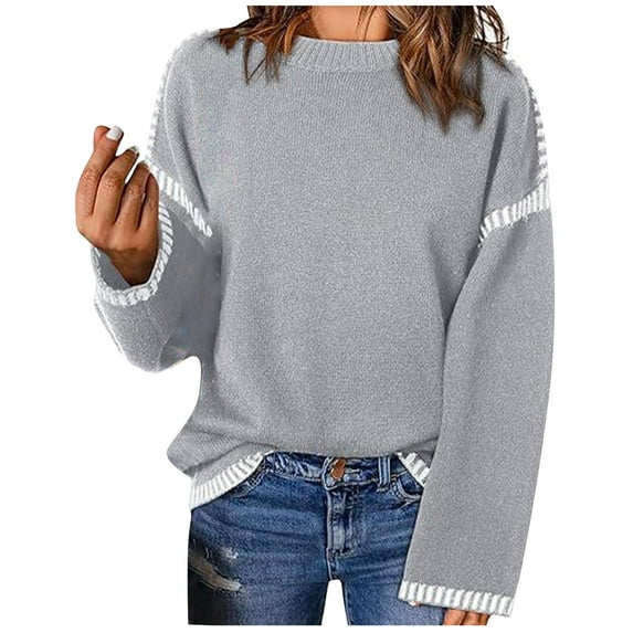Itsame Knitted Pullover Sweater for Womens Crew Neck Loose Sweatershirt Long Sleeves Solid Color Relaxed Sweatshirts Gray Size S