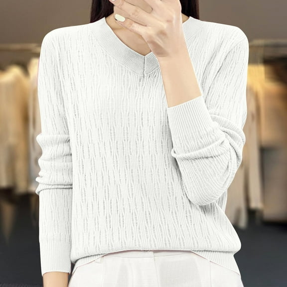Itsame Knitted Pullover Sweater for Womens Crew Neck Loose Sweatershirt Long Sleeves Solid Color Relaxed Sweatshirts White Size 2XL
