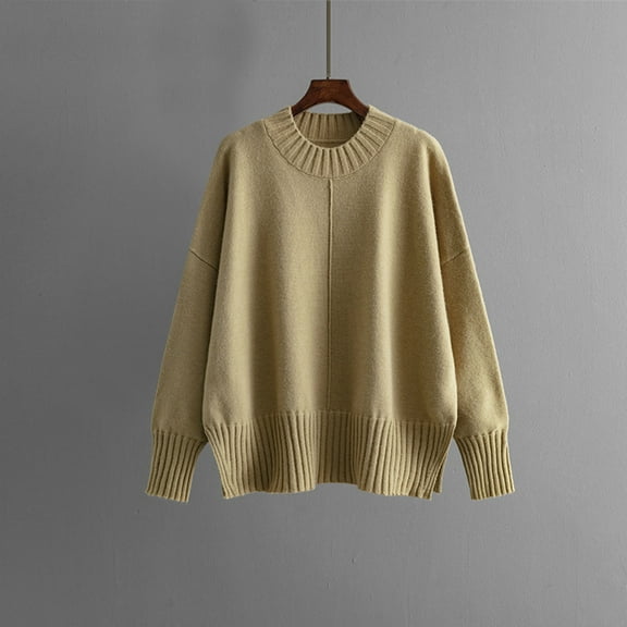 Itsame Knitted Pullover Sweater for Womens Crew Neck Sweatershirt Long Sleeves Solid Color Sweatshirts Khaki Size Free Size