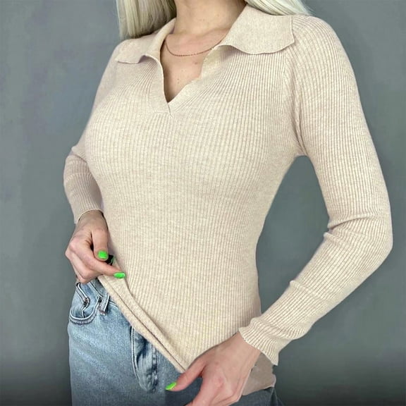 Itsame Knitted Sweater Women Long Sleeves Knitted Sweatershirt High Neck Solid Color Lapel Collar Sweatshirts Beige Size L