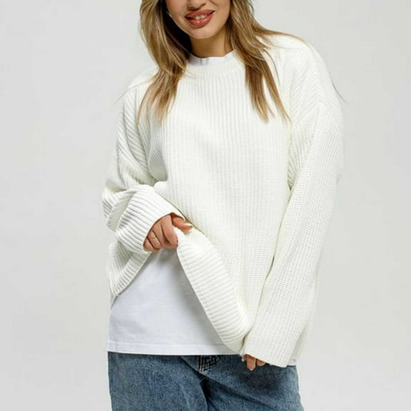 Itsame Knitted Sweater Women Long Sleeves Loose Sweatershirt Crew Neck Solid Color Relaxed Sweatshirts White Size M