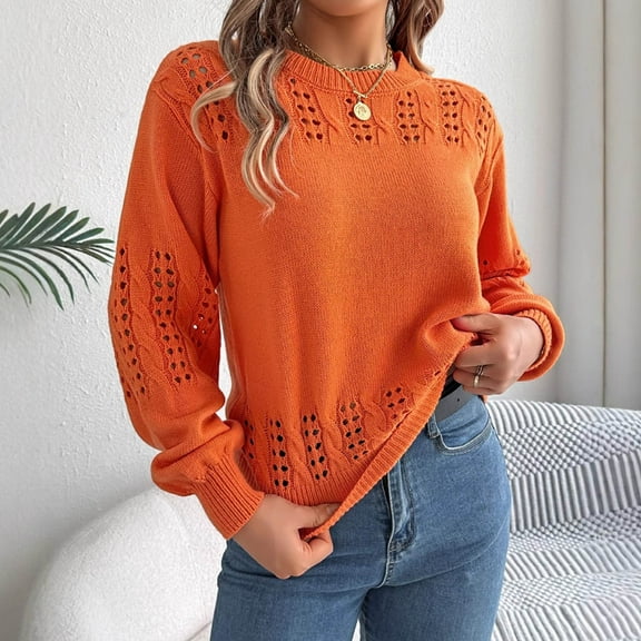 Itsame Knitted Sweater Women Long Sleeves Sweatershirt Crew Neck Solid Color Sweatshirts Orange Size XL