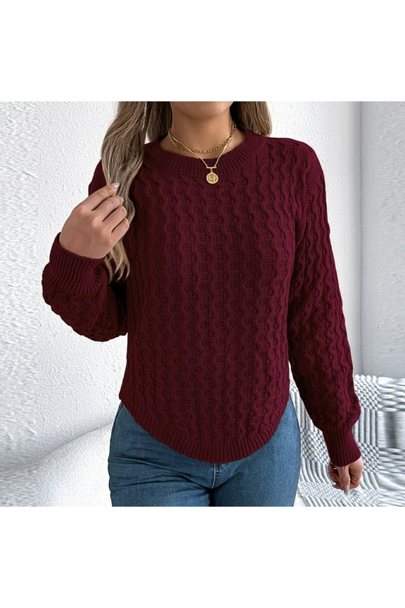 Knitted Sweater Women Long Sleeves Sweatershirt Crew Neck Solid Color Sweatshirts Wine Size L