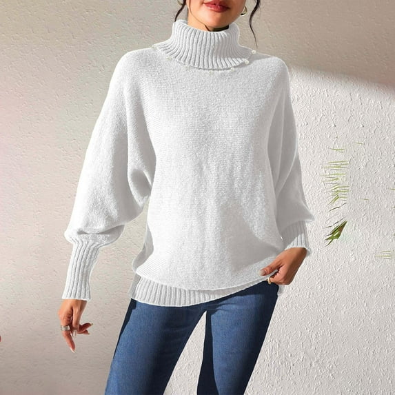 Itsame Knitted Sweater Women Long Sleeves Sweatershirt High Neck Solid Color Relaxed Sweatshirts White Size S