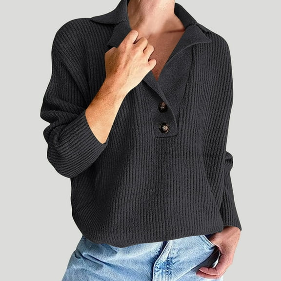 Itsame Knitted Sweater for Womens Knitted V-Neck Sweatershirt Long Sleeves New Solid Color Relaxed Lapel Collar Sweatshirts Black Size 2XL