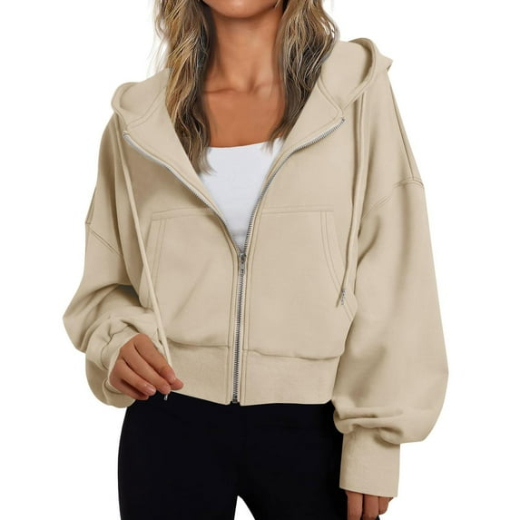 Itsame Lightweight Hoodie Pullover Womens Zipper Hood Sweatshirts Crew Neck Solid Color Relaxed Zipper Long Sleeve Sportswear Beige Size L
