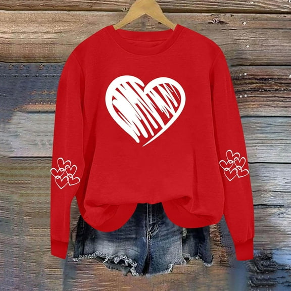 Itsame Long Sleeve Heart T-Shirts Women's Valentine's Sweatshirt Loose Crew Neck Tops Red Size L
