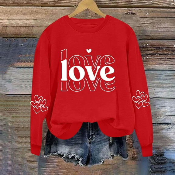 Itsame Long Sleeve T-Shirts Women's Valentine's Sweatshirt Loose Crew Neck Tops Red Size S