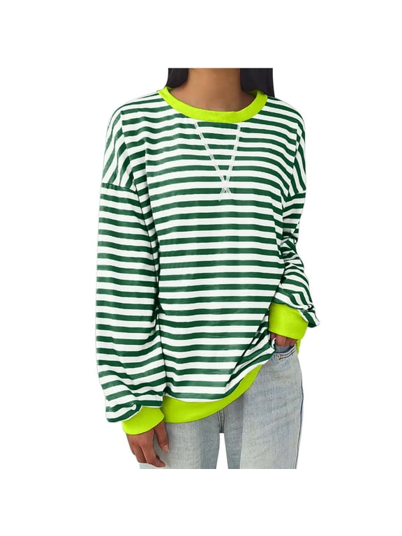 Long Sleeved Top Shirt for Women Round Neck Loose Fitting Stripe Long Sleeves Undershirts Green Size S