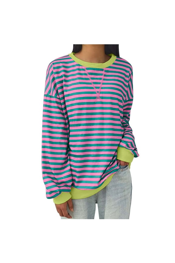 Long Sleeved Top Shirt for Women Round Neck Loose Fitting Stripe Long Sleeves Undershirts Pink Size L