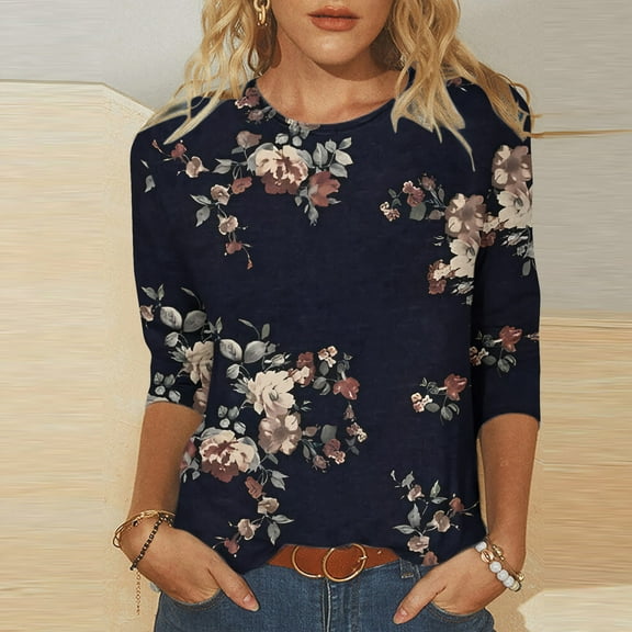 Itsame Long Sleeved Top Shirt for Women Round Neck Printed Three-Quarter Sleeve Long Sleeves Undershirts Black Size S