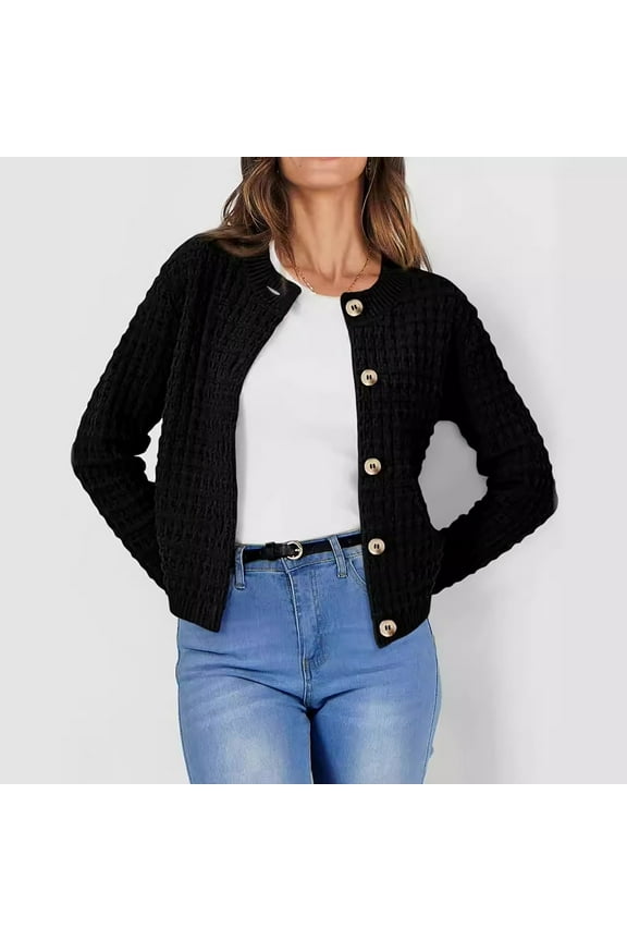 Loose Sweater for Womens Long Sleeve Button Cardigan Sweaters Crew Neck Retro Casual Sweatertop Black Size 2XL