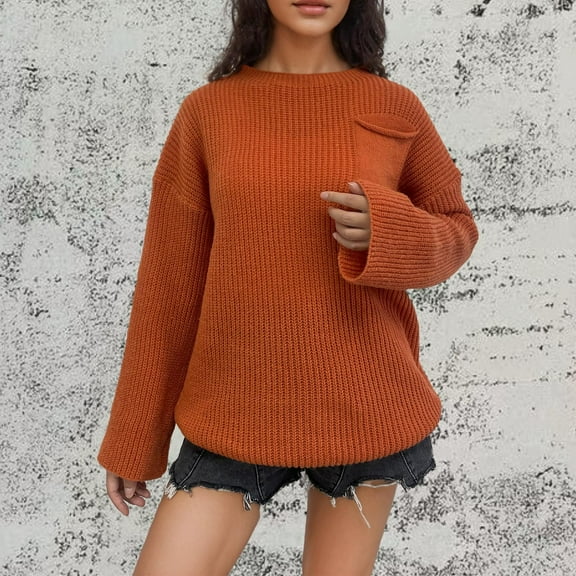 Itsame Loose Sweater for Womens Long Sleeve Pullover Sweaters Crew Neck Pocket Solid Color Casual Relaxed Sweatertop Orange Size L