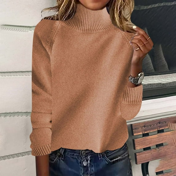 Itsame Loose Sweater for Womens Long Sleeve Pullover Sweaters High Neck Solid Color Relaxed Sweatertop Coffee Size M