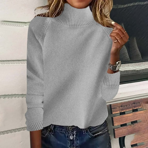 Itsame Loose Sweater for Womens Long Sleeve Pullover Sweaters High Neck Solid Color Relaxed Sweatertop Gray Size L