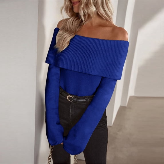 Itsame Off Shoulder Sweater for Womens Long Sleeve Pullover Sweaters Crew Neck Solid Color Sweatertop Blue Size L