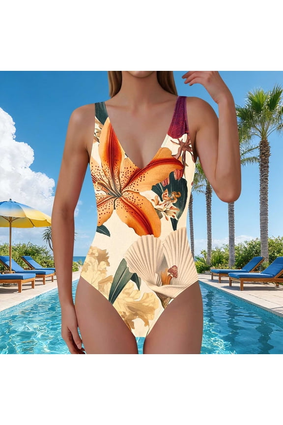 One Piece Swimsuit Women Beach Bikini Sets Breast Pad V-neck Swimwear Multicolor Size 2XL