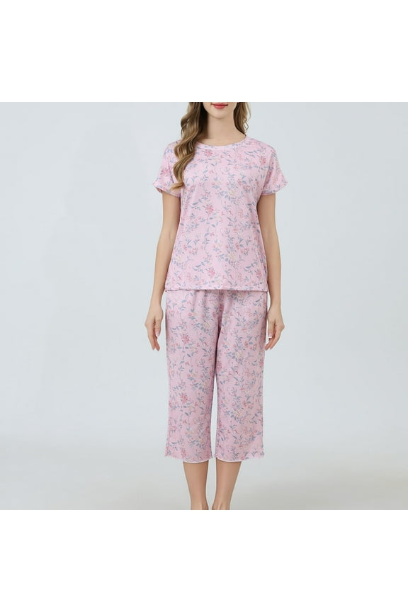 Pajamas 2pcs Sets for Womens Long Sleeved Sleepwearshirt and Pants Sleepwear Set Comfortable Printed Round Neck Women Casual Home set Pink Size M