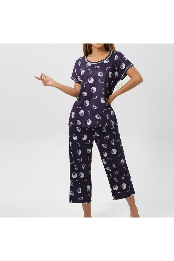 Pajamas 2pcs Sets for Womens Long Sleeved Sleepwearshirt and Pants Sleepwear Set Comfortable Printed Round Neck Women Casual Home set Purple Size M