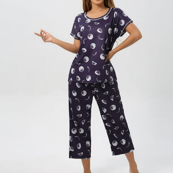 Itsame Pajamas 2pcs Sets for Womens Long Sleeved Sleepwearshirt and Pants Sleepwear Set Comfortable Printed Round Neck Women Casual Home set Purple Size S