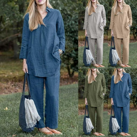 Itsame Pajamas 2pcs Sets for Womens Long Sleeved Sleepwearshirt and Pants Sleepwear Set Relaxed Solid Color Lapel Collar V-neck Women Casual Home set Blue Size L