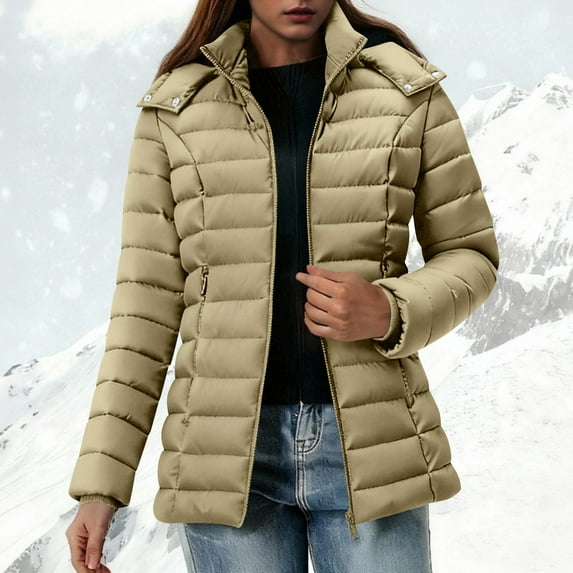 Itsame Puffer Coats for Womens Winter Jackets Hood Pocket Solid Color Casual Zipper Cotton for Women Waterproof Jacket Khaki Size XL