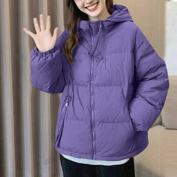 Itsame Puffer Coats for Womens Winter Jackets Hood Pocket Solid Color Casual Zipper Cotton for Women Waterproof Jacket Purple Size M