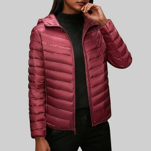 Itsame Puffer Coats for Womens Winter Jackets Hood Solid Color Casual Zipper Cotton for Women Waterproof Jacket Wine Size 4XL
