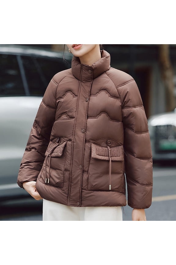 Puffer Coats for Womens Winter Jackets Pocket Solid Color Zipper Cotton for Women Waterproof Jacket Coffee Size 2XL