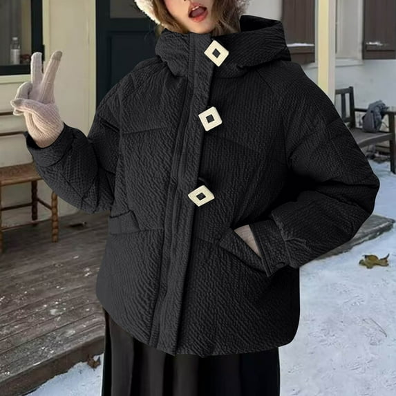 Itsame Puffer Jackets Womens Winter Coats Pocket Solid Color Casual Zipper Button Cotton for Women Waterproof Jacket Black Size XL