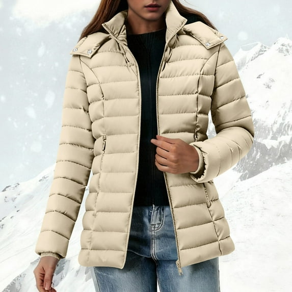 Itsame Puffer Jackets Womens Winter Coats Pocket Solid Color Casual Zipper Cotton for Women Waterproof Jacket Beige Size 2XL