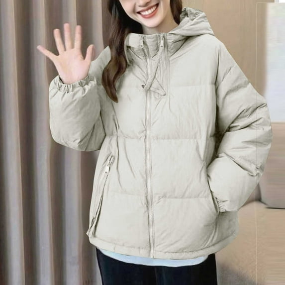 Itsame Puffer Jackets Womens Winter Coats Pocket Solid Color Casual Zipper Cotton for Women Waterproof Jacket Beige Size M