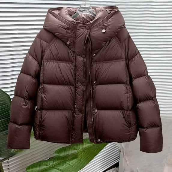 Itsame Puffer Jackets Womens Winter Coats Pocket Solid Color Casual Zipper Cotton for Women Waterproof Jacket Coffee Size L