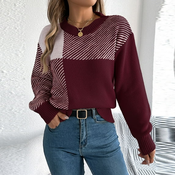 Itsame Pullover Sweater Women Loose Button Crew Neck Sweaters Long Sleeve Sweatertop Wine Size L