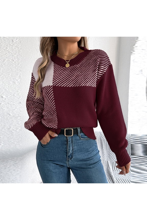 Pullover Sweater Women Loose Button Crew Neck Sweaters Long Sleeve Sweatertop Wine Size M