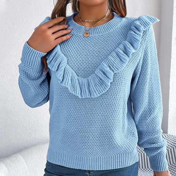 Itsame Pullover Sweater Women Loose Crew Neck Sweaters Long Sleeve New Solid Color Casual Sweatertop Blue Size L